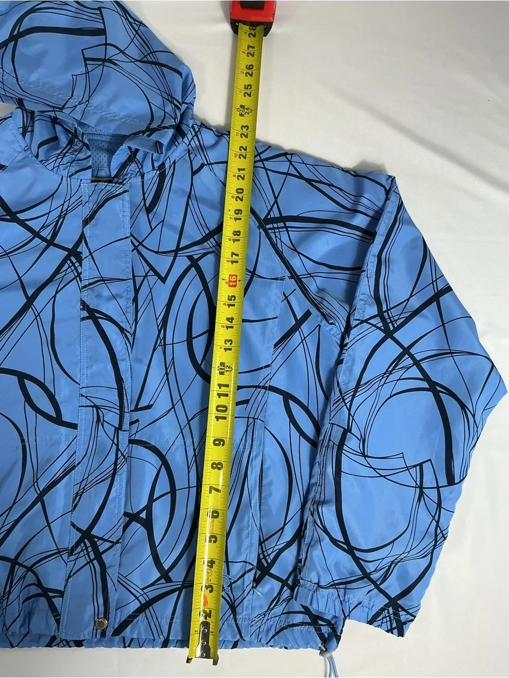 Oleg Cassini Blue Hooded Bomber with Black Abstract Lines